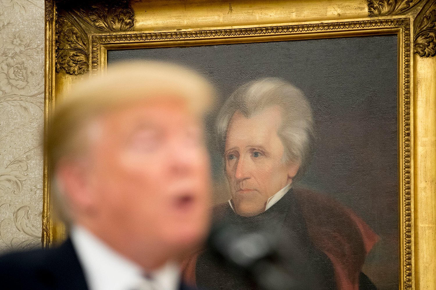 US President Donald Trump speaks in front of a panel of Jackson at the White House Oval Office.