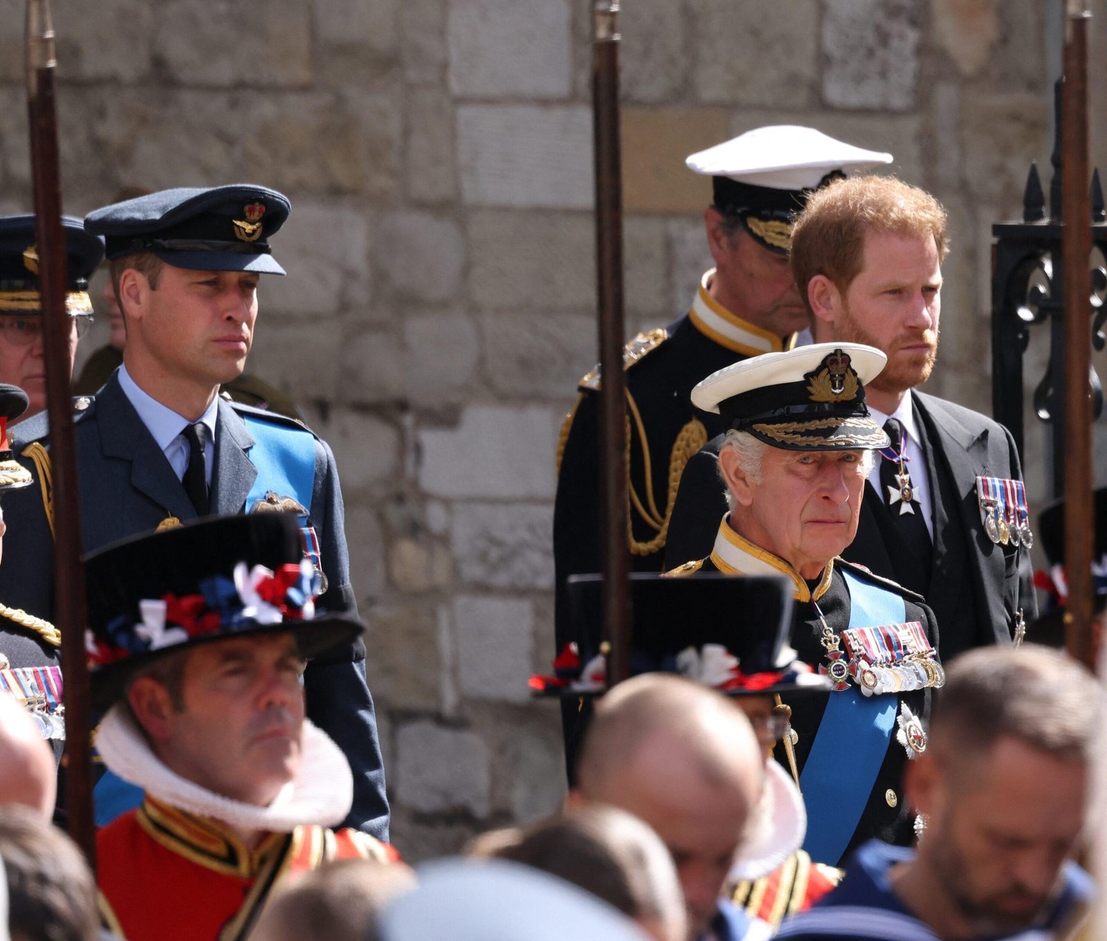 Prince William with King Charles and Prince Harry at the funeral of Queen Elizabeth II