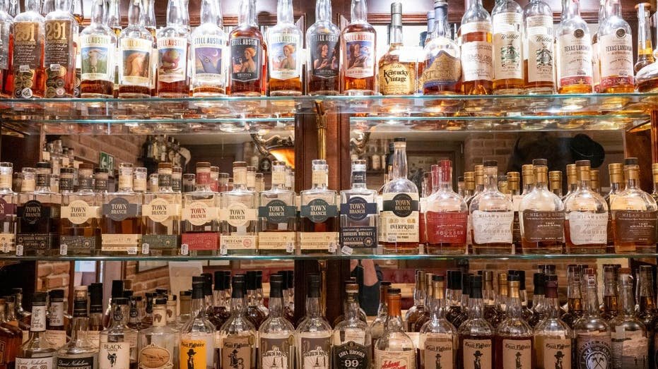 Bottles of whiskey on a whiskey rack in Germany