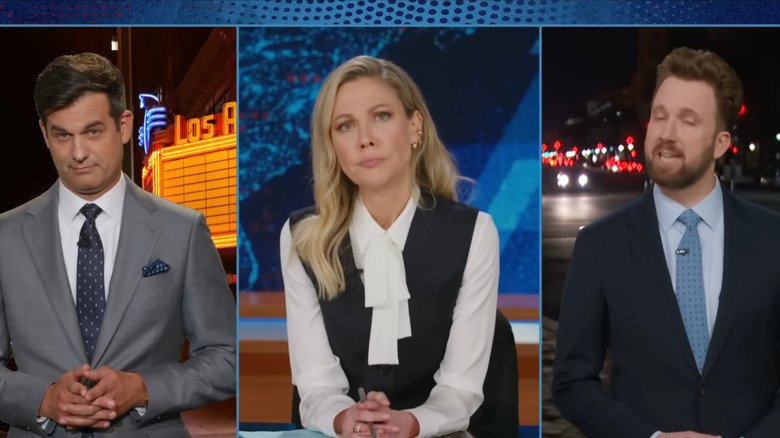 Michael Costa, Daisy Lydic, and Jordan Clear in a debate divided into the daily show