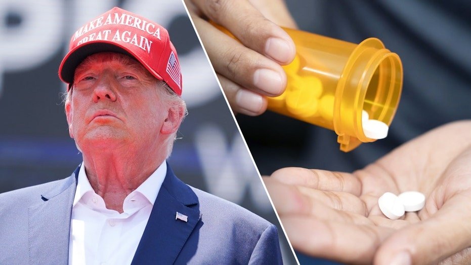 Trump bottle and birth control pills in a divided image