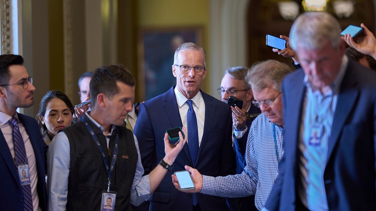 Senator Thun walks with correspondents