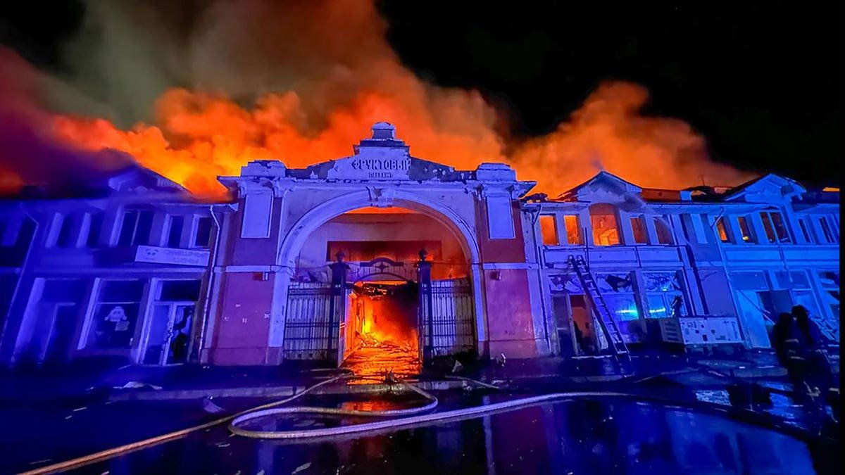 Building fire at night, Odessa, Ukraine, after the Russian air strike
