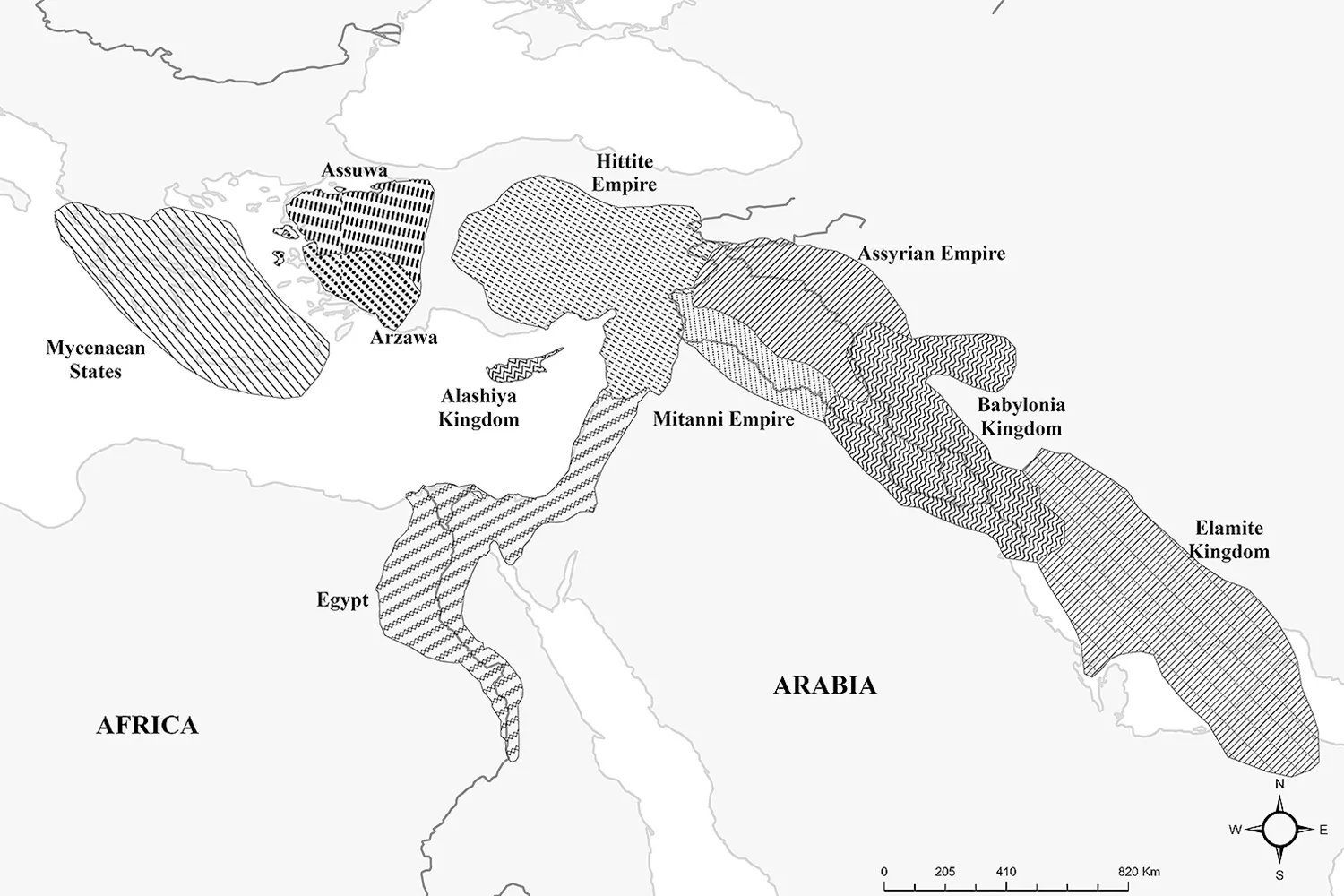 A black-and-white map of the Middle East from the second millennium B.C.