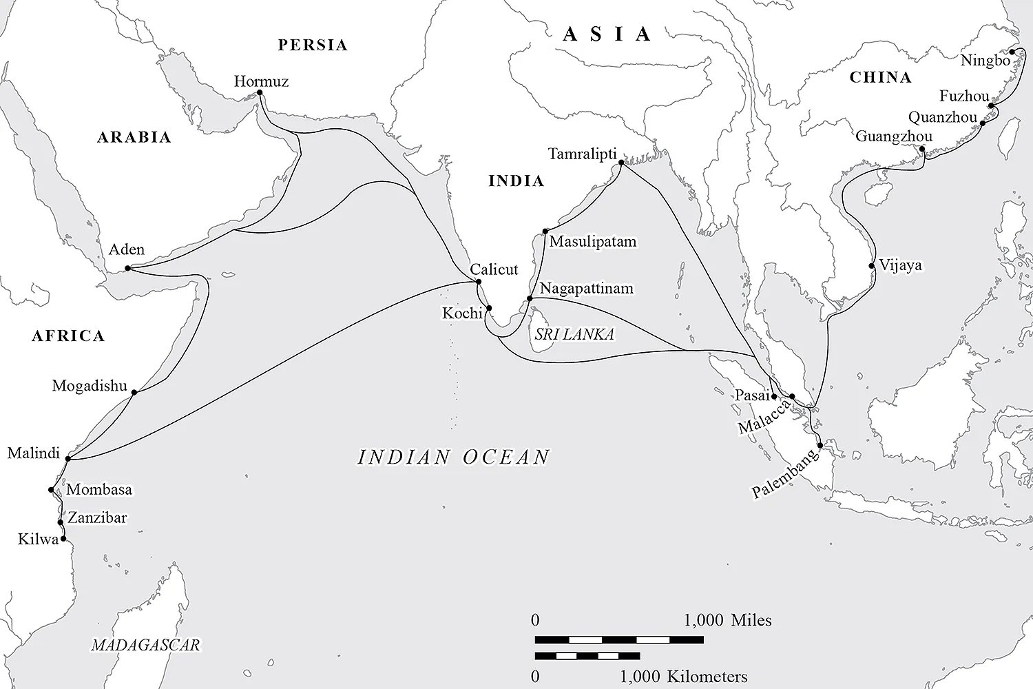 A black-and-white map of a trade network.
