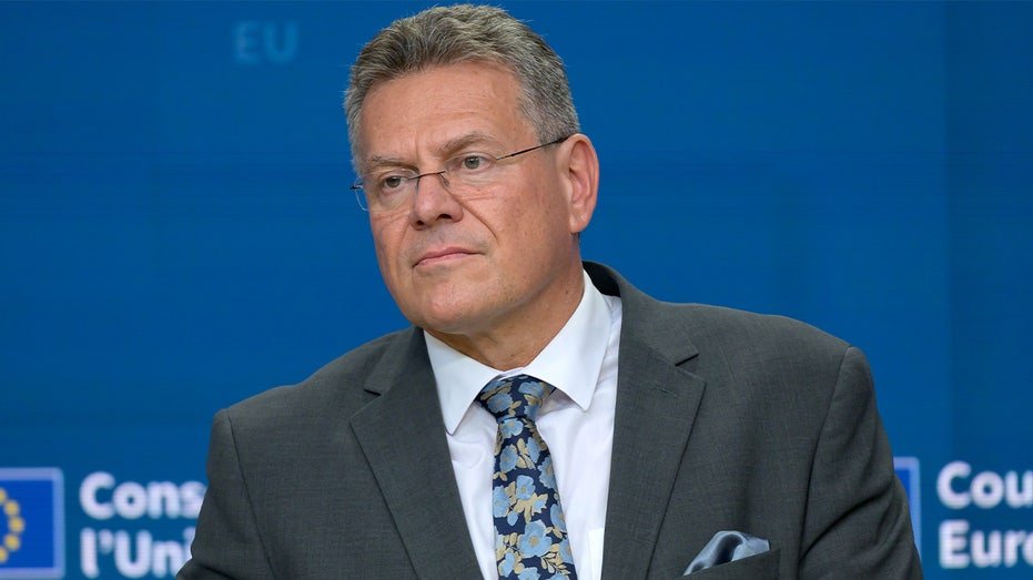 European Commissioner for Trade Maros Sefcovic speaks during a press conference in Brussels.