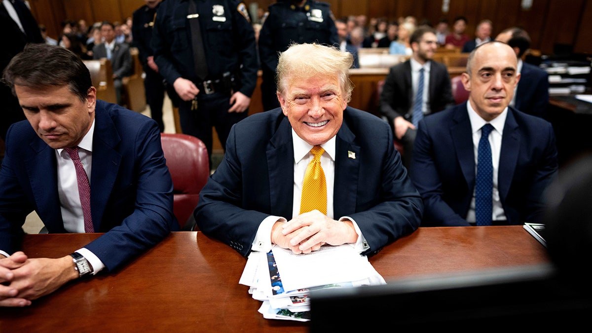Emile Pov, Donald Trump, Todd Blanche during the trial of Trump's funds