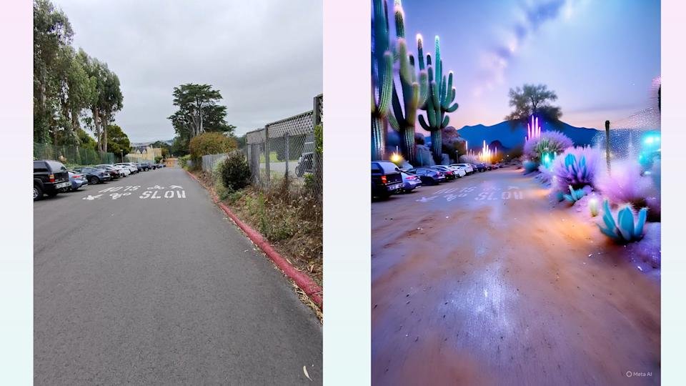 The shots from a video to walk through a parking lot (left) has been re -photographed as