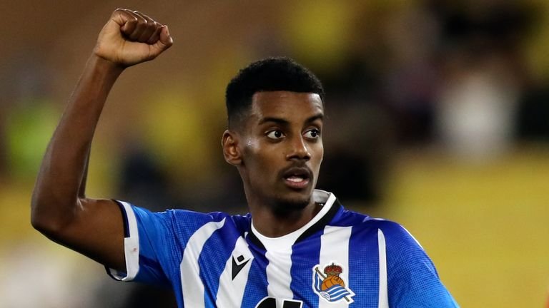 Alexander Isak from Real Sociedad celebrates his number during the European League group between Monaco and Real Sokidad - Thursday, November 25, 2021
