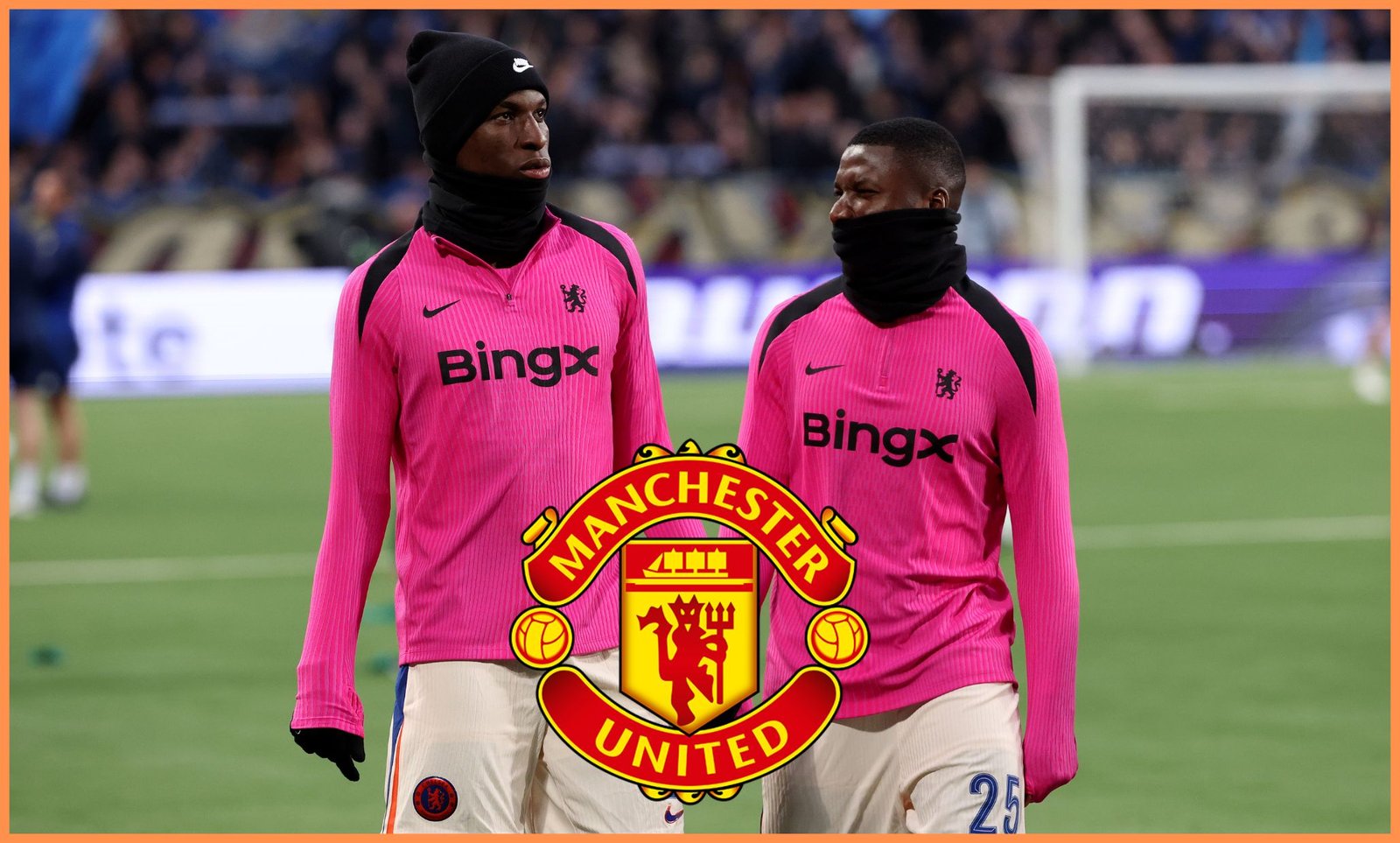Nicholas Jackson and Mosses Kaisoto in the warm up before the match for Chelsea