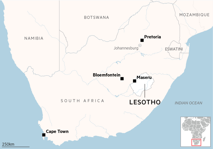 A map shows Lesoto, a non -coastal country surrounded by South Africa, with a sign of capital Mazero