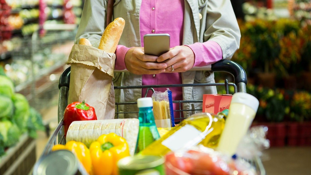 Grocery stores in a basket, a woman