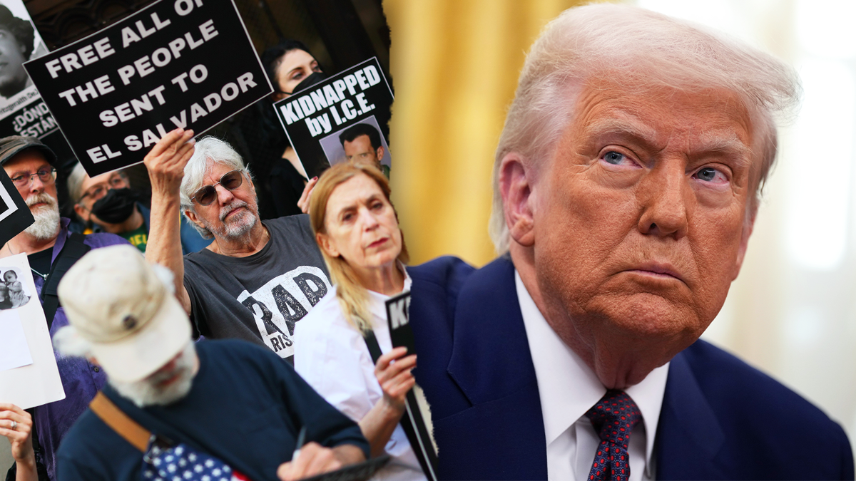 A complex image of people protesting the policies of emigration, President Donald Trump and Trump himself.