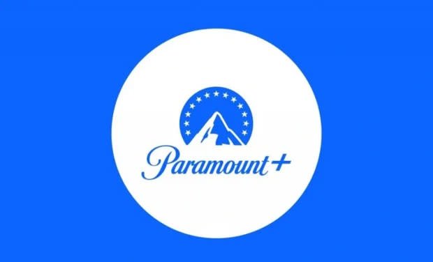 Paramount Plus logo on a white circle against a blue background.