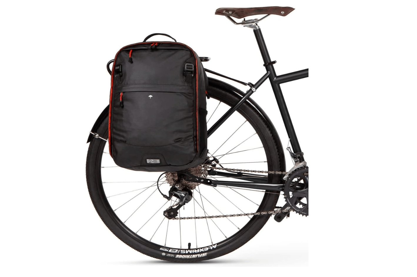 back end of bicycle with backpack attached.