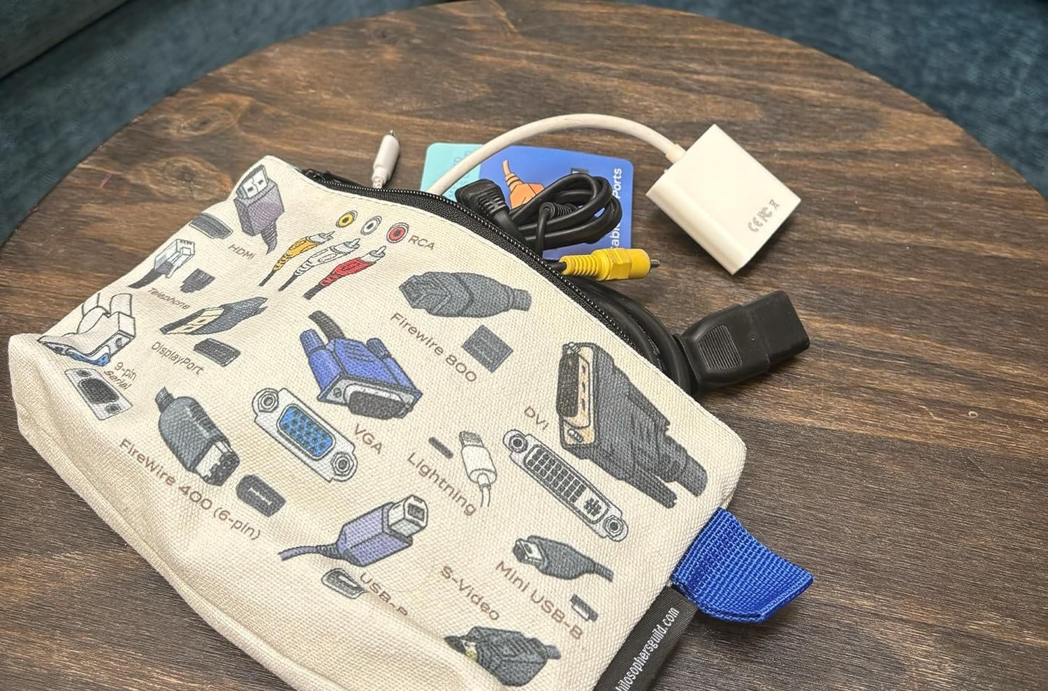 Zipper bag with printed images of tech, opened to reveal various cables and other small items.