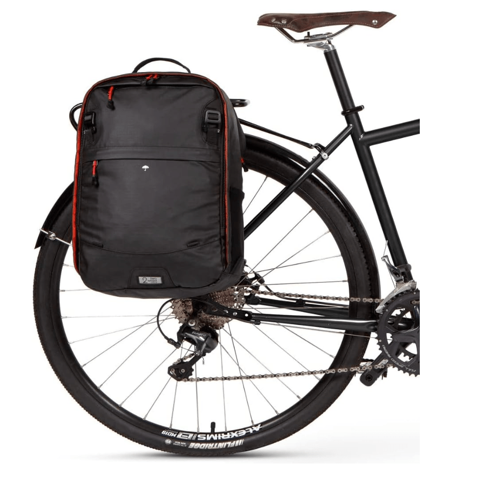 back end of bicycle with backpack attached.