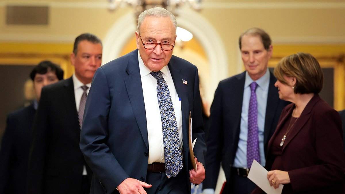The leader of the minority at the US Senate is walking to speak at a press conference after the Democratic Policy Lunch at the weekly Senate in the American Capitol on June 17, 2025 in Washington, DC.