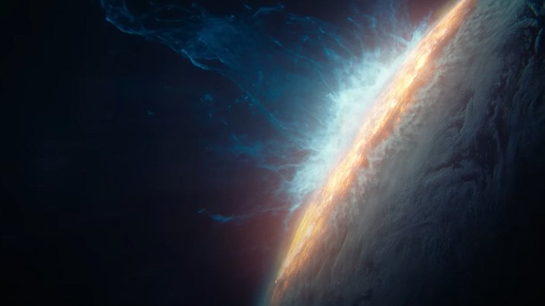 A snapshot of space is destroyed as a planet violently in the Foundation 3 season