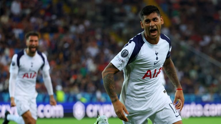 Tottenham's captain Christian Romero celebrates after his progress over Paris Saint -Germain in the European Football Association Cup
