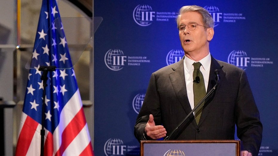 Treasury Secretary Scott Payet gives statements at the International Finance Institute Forum (IIF) global expectations on the sidelines of the annual spring meetings of 2025 in Washington, DC, on April 23, 2025.