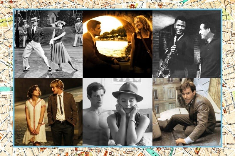 A grid of six photos atop a map background of Paris. Images from left show two men, one with a saxophone; a man and woman overlooking the Seine; a man and woman in hats dancing; a man and woman walking on a night street; a shirtless man and a woman in a hat with her head in her hands; a man on a Paris rooftop.