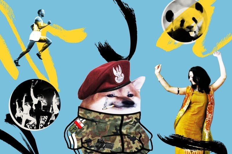 A collage photo illustration shows examples of soft power around the world including a smoking NAFO shiba inu in a beret and fatigues, a dancing woman from the Bollywood movie "Monsoon Wedding," Olympic sprinter Jesse Owens, K-pop band BTS, and a panda.