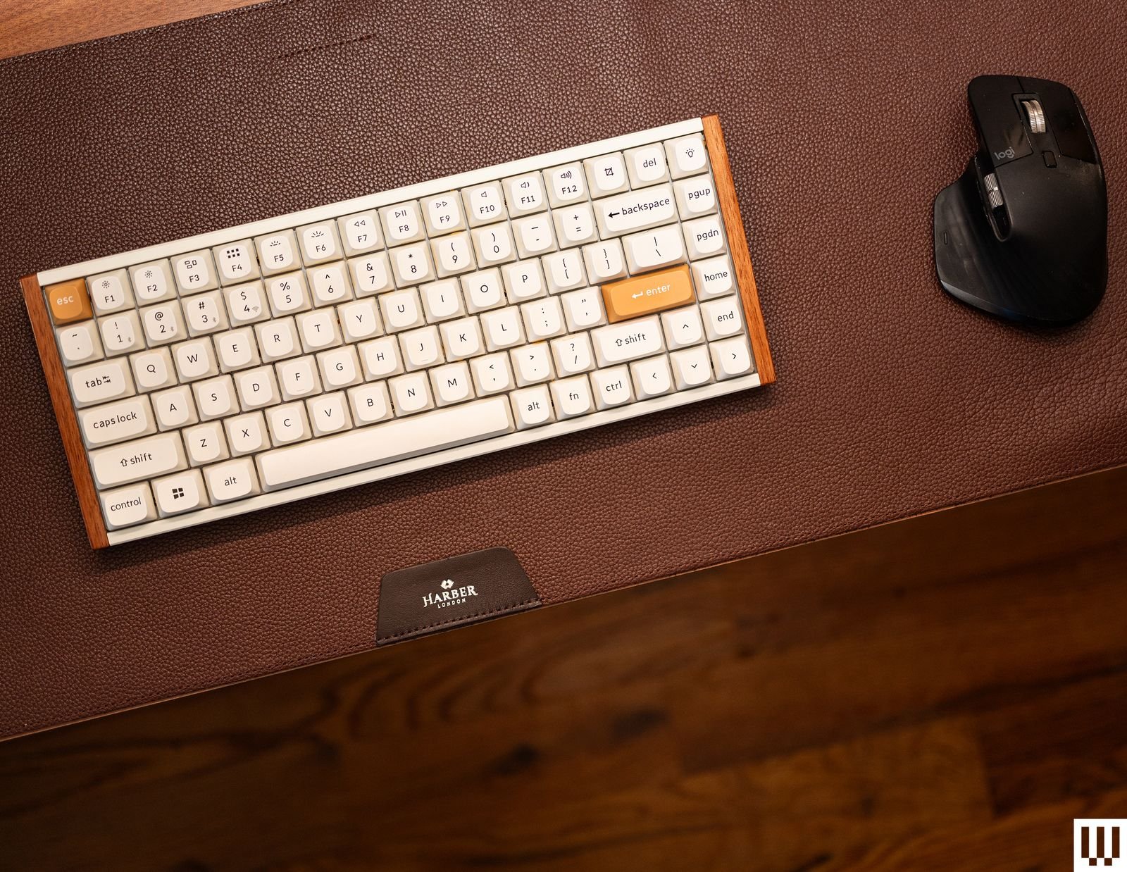 Harber London Professional Leather Desk brown leather mat with computer keyboard and a black computer ...