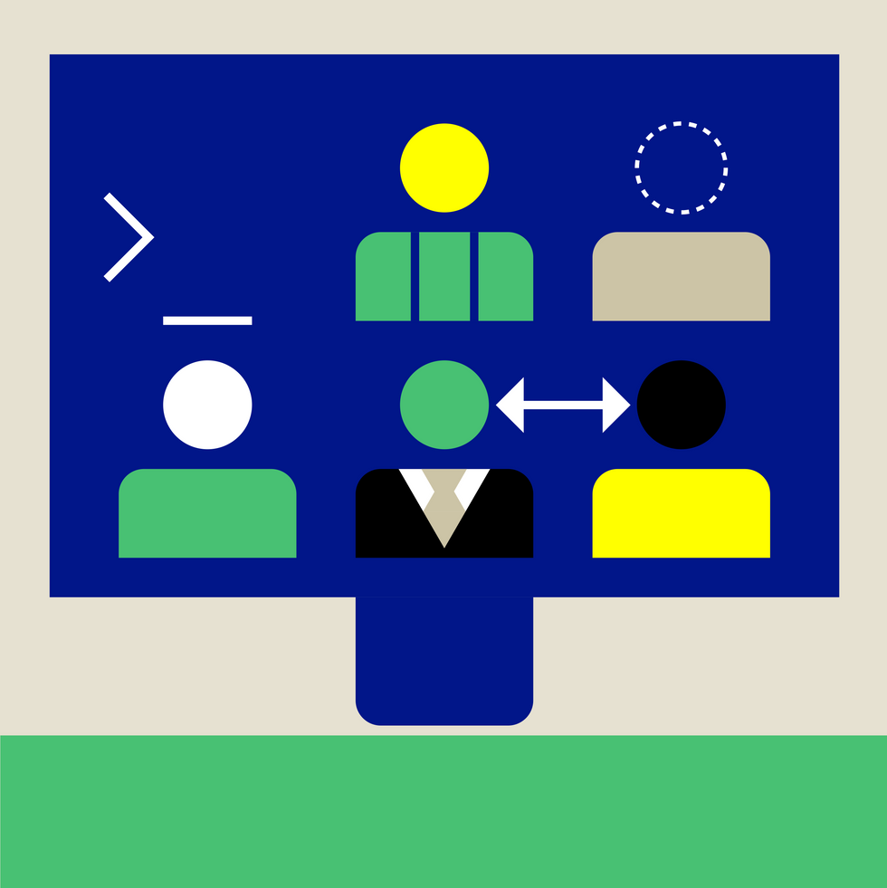 Abstract digital screen with colorful user icons and communication symbols.