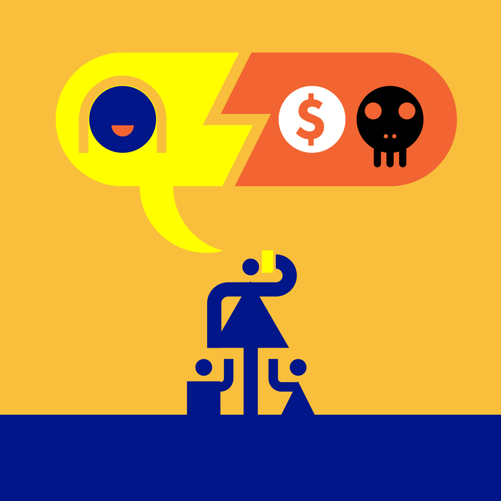 People holding phones, speech bubble showing happiness, money, and skull emoji.