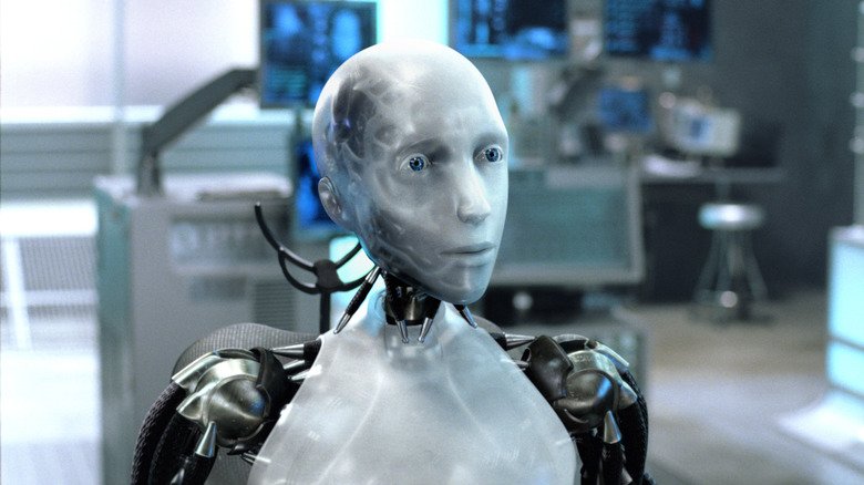 Sonny The Robot looks sad in the I, Robot Robot Laboratory