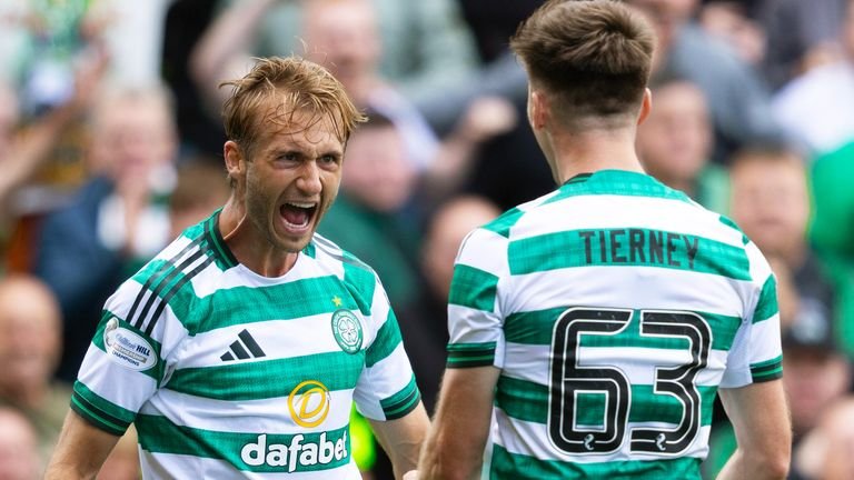 Benjamin Negrin celebrates Kiran Terney after giving Celtic to lead in Aberdeen