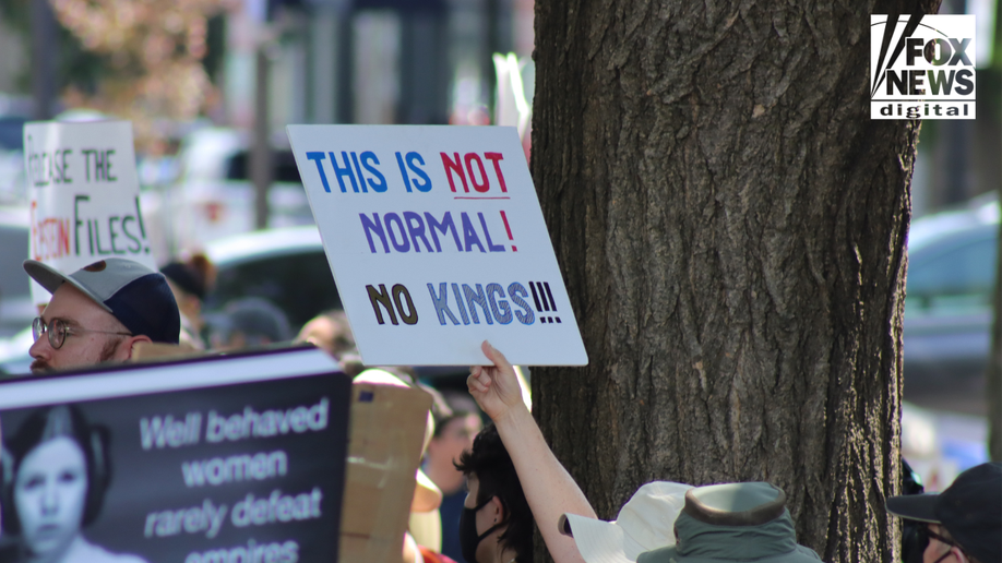 Signs say no kings in protest