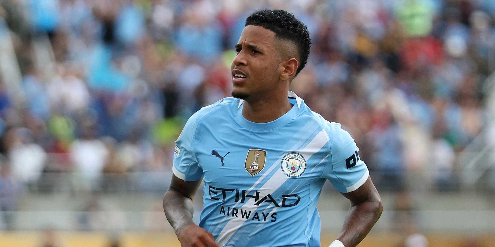 Savinho from Manchester City celebrates their fifth goal