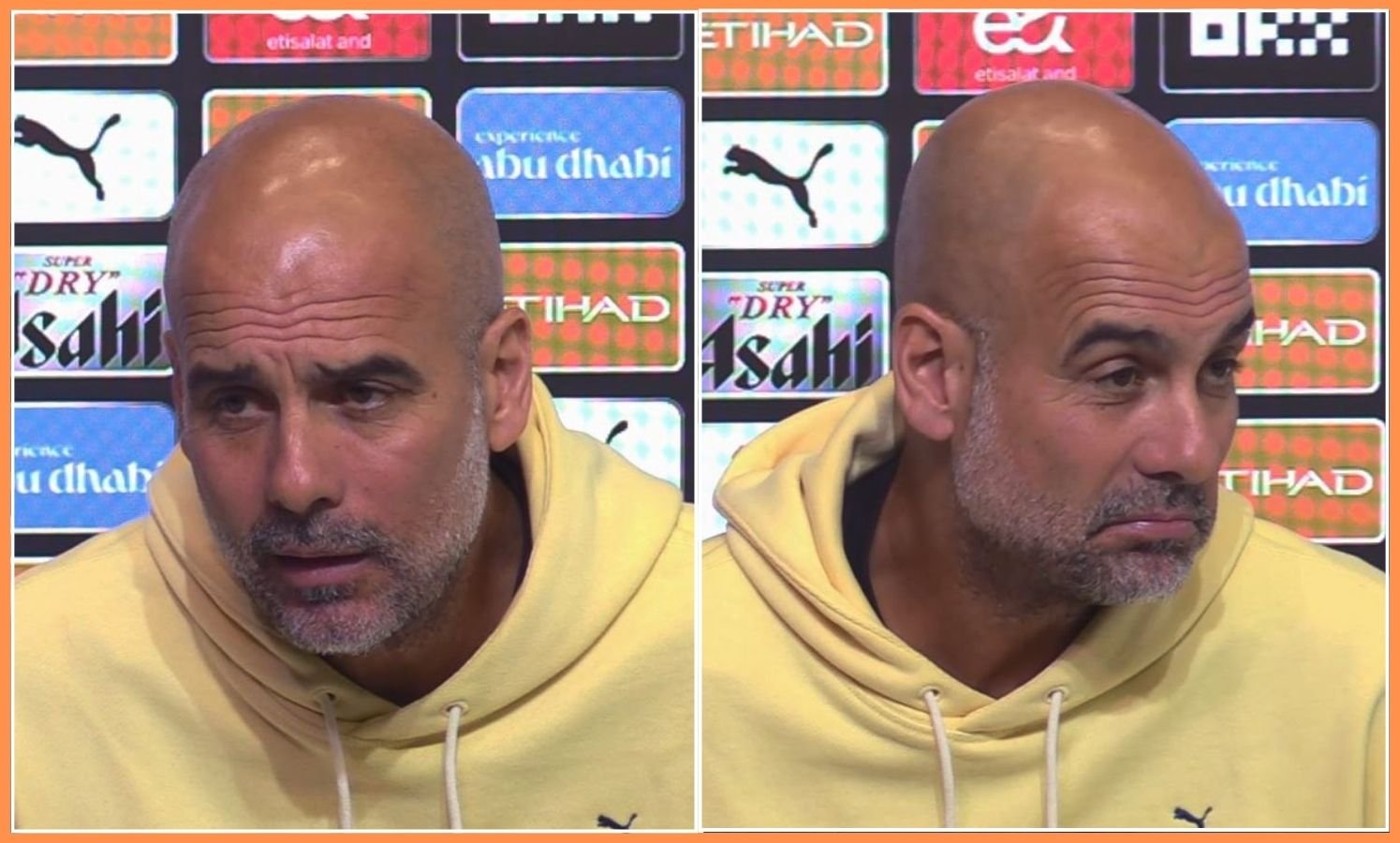 Pep Guardiola interacts during a press conference