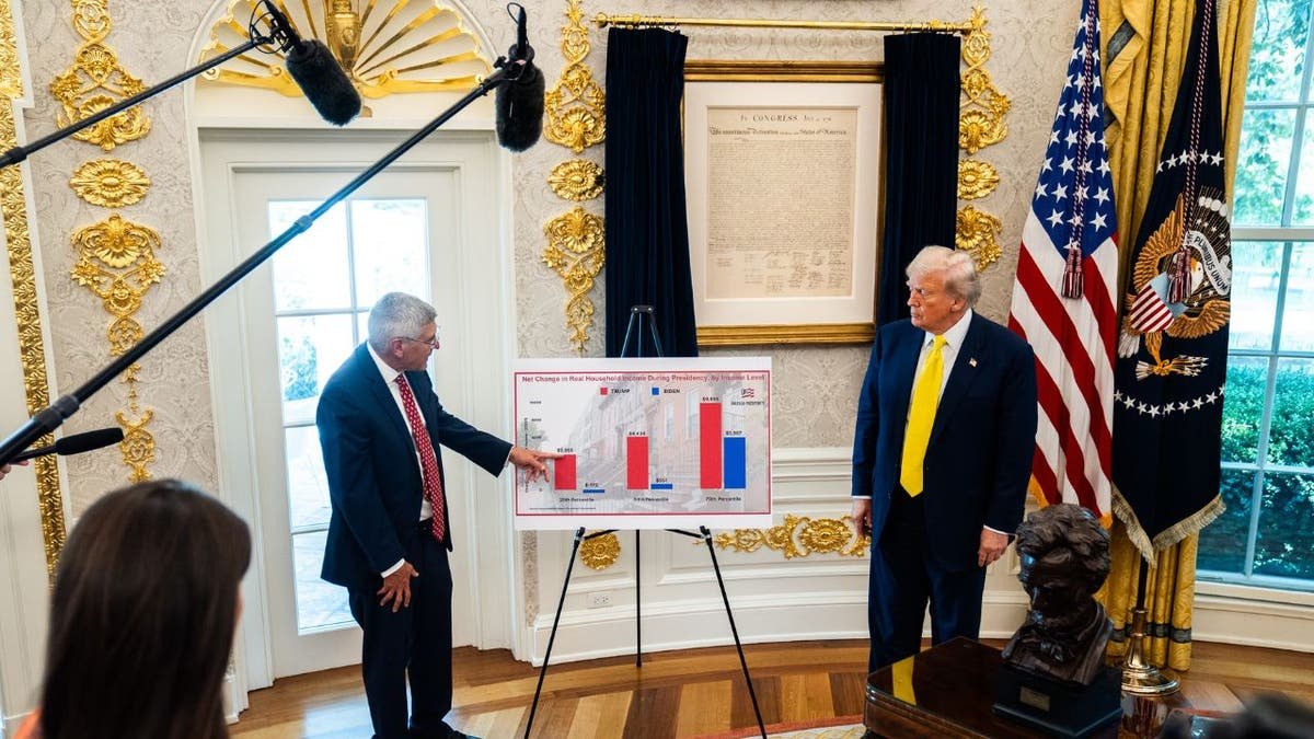 Trump stands in front of the golden details in the Oval Office