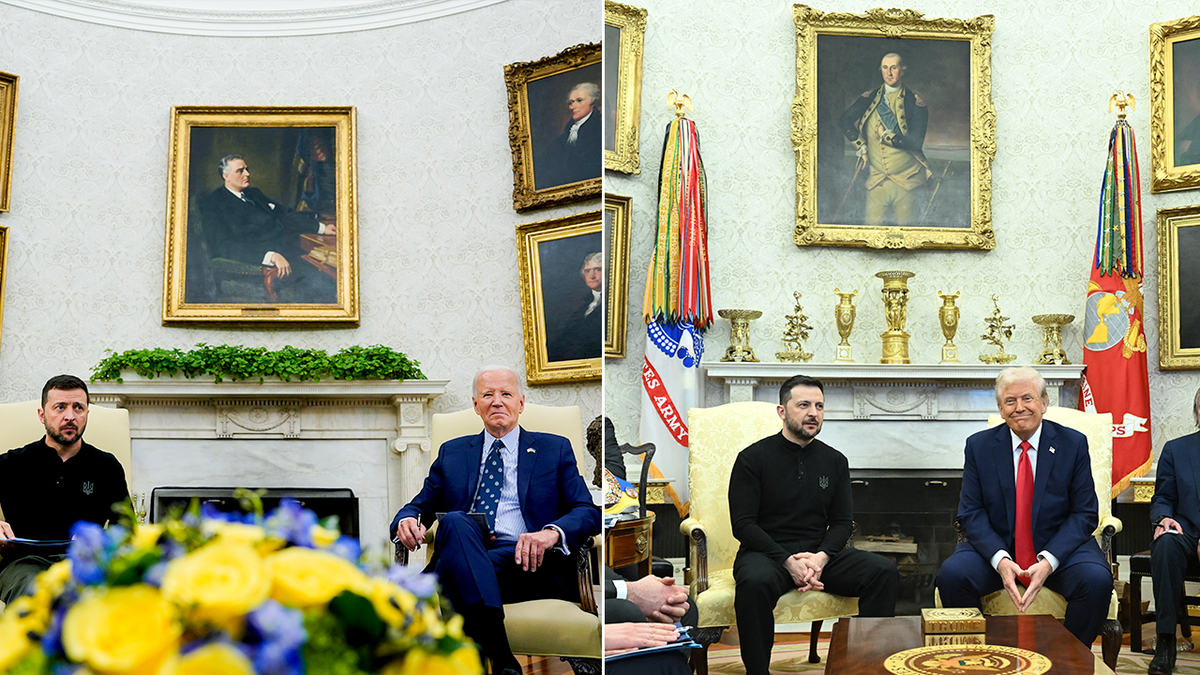 A picture side to the side of the Biden Casablanca office and the Trump Oval Office