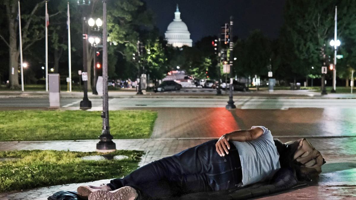 A man sleeps outside the union station in front of the American Capitol