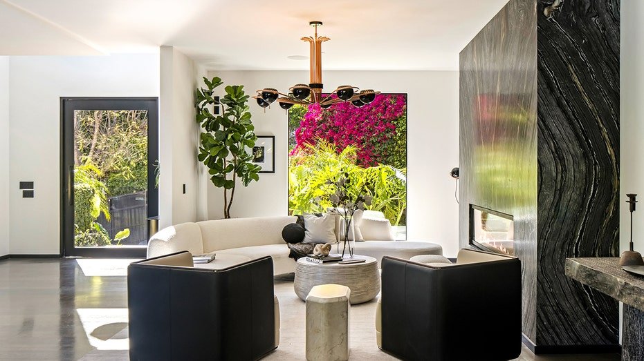 The entrance features a living room with a fireplace.