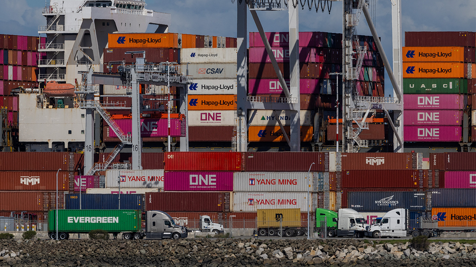 A cargo ship full of charging containers in California