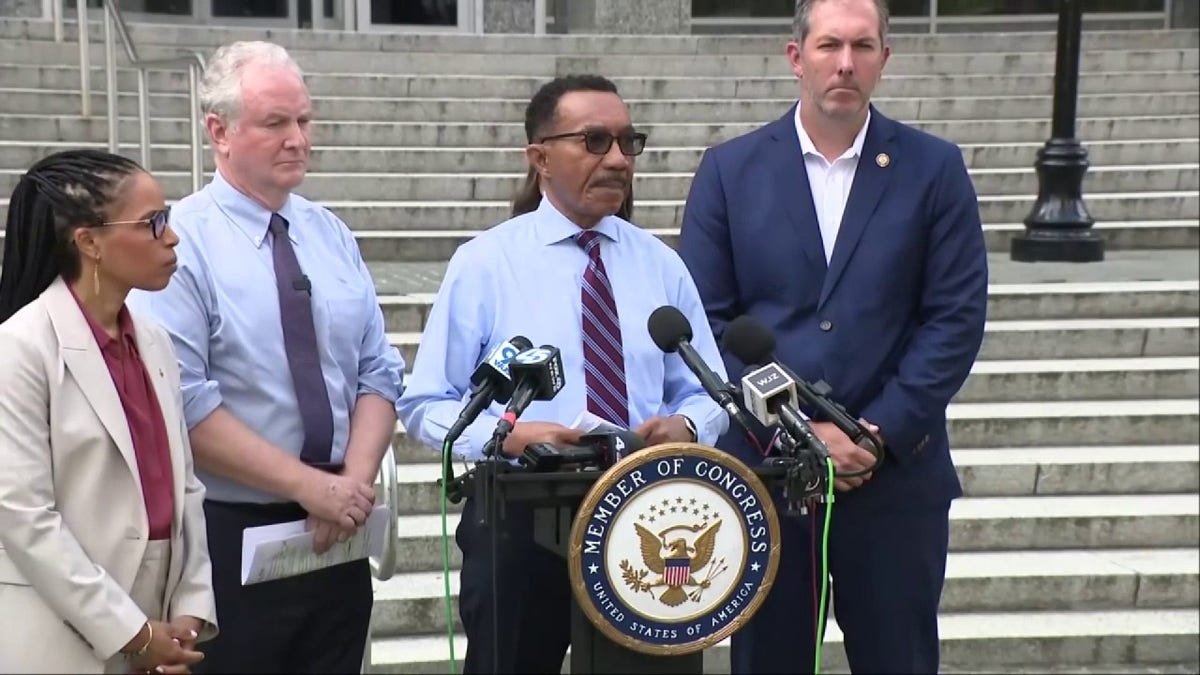 Democratic Senators speak at a press conference. 
