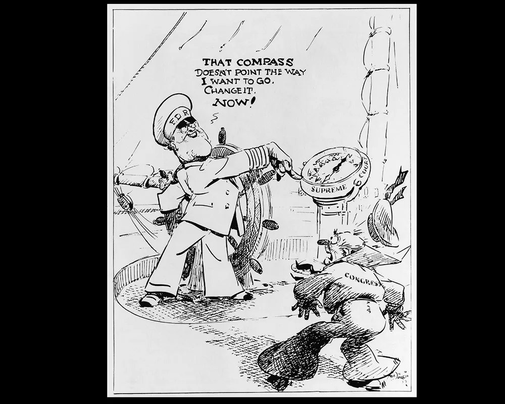 FDR is depicted as a ship captain with a compass bearing the name of the Supreme Court. He talks to a character bearing a mark with words "That compass does not indicate the way I want to go. Change it now!"
