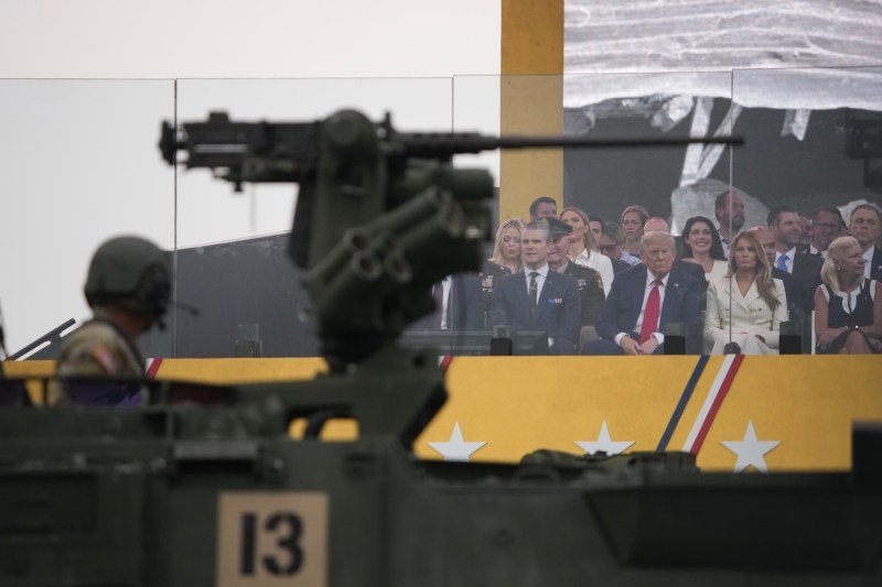 President Donald Trump watches the 250th birthday parade of the U.S. Army in Washington, D.C.