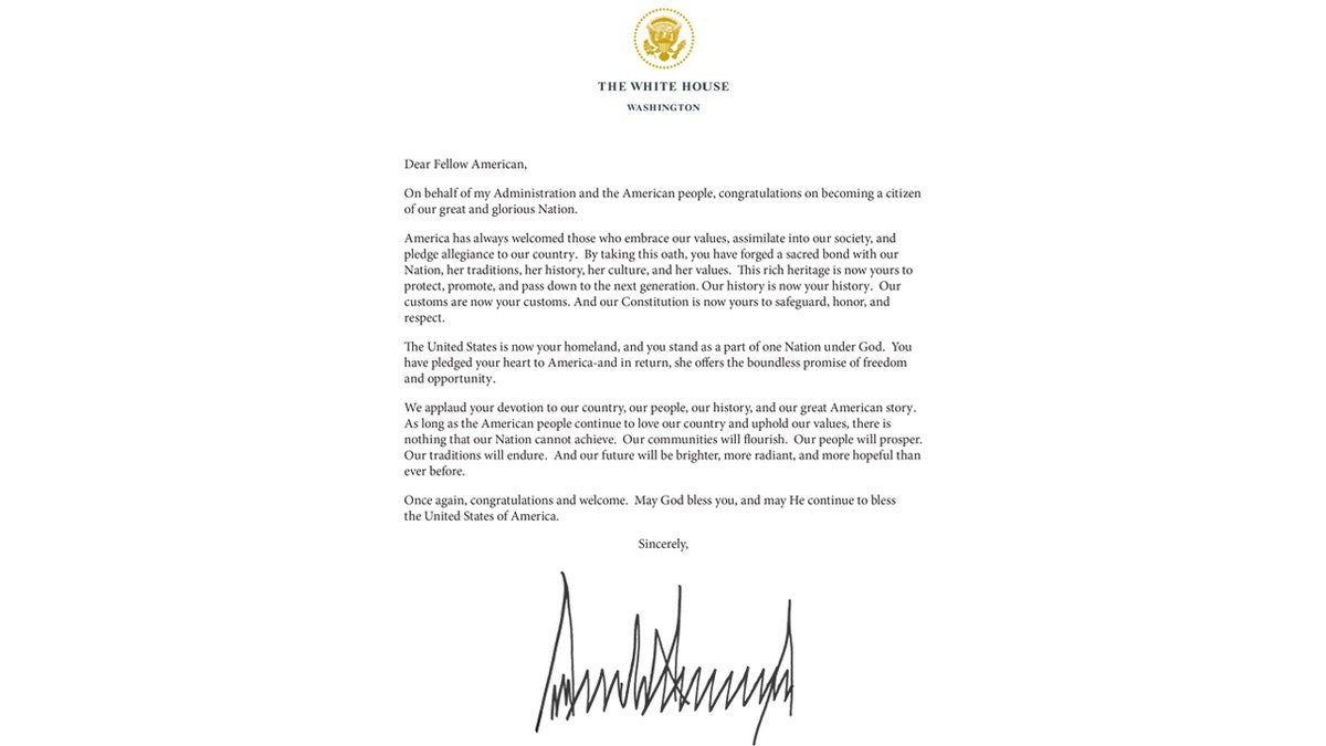 President Donald Trump's message to new American citizens.