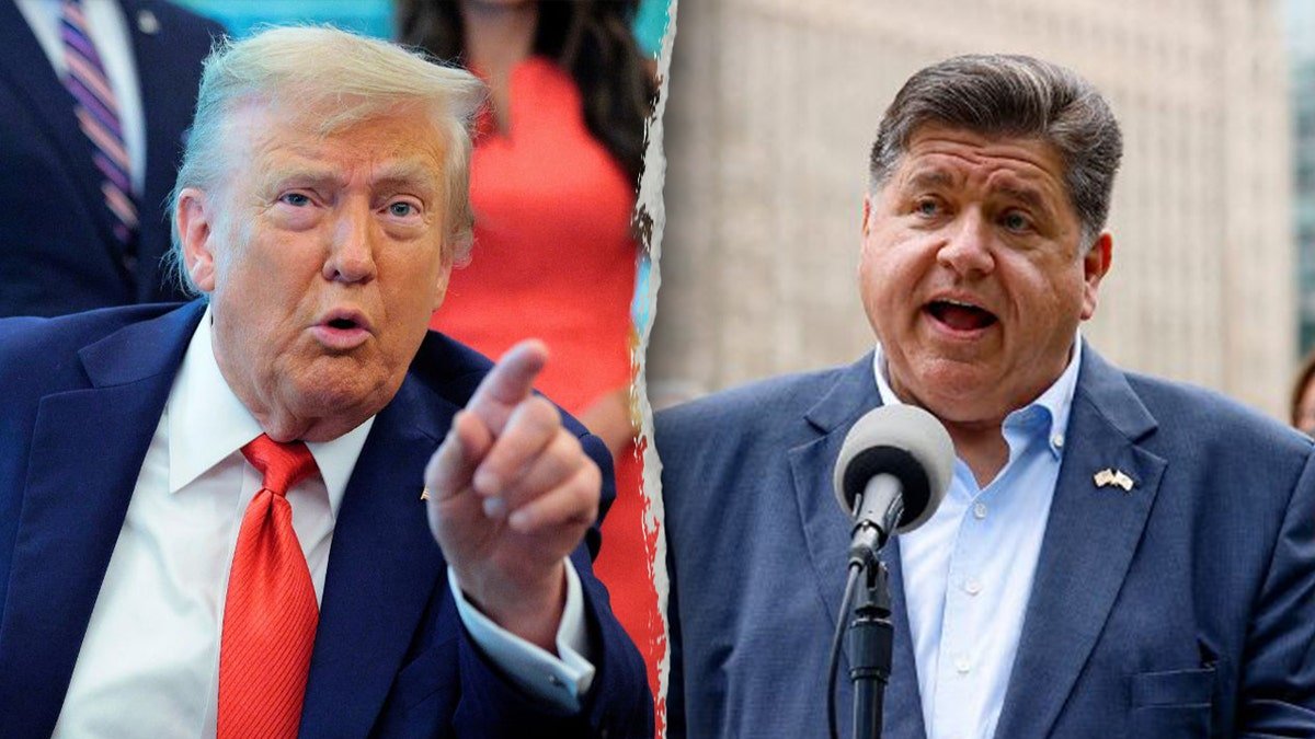 A picture of President Donald Trump is divided during the notes and the Illinois GB Pritzker is speaking at a press conference in Chicago.