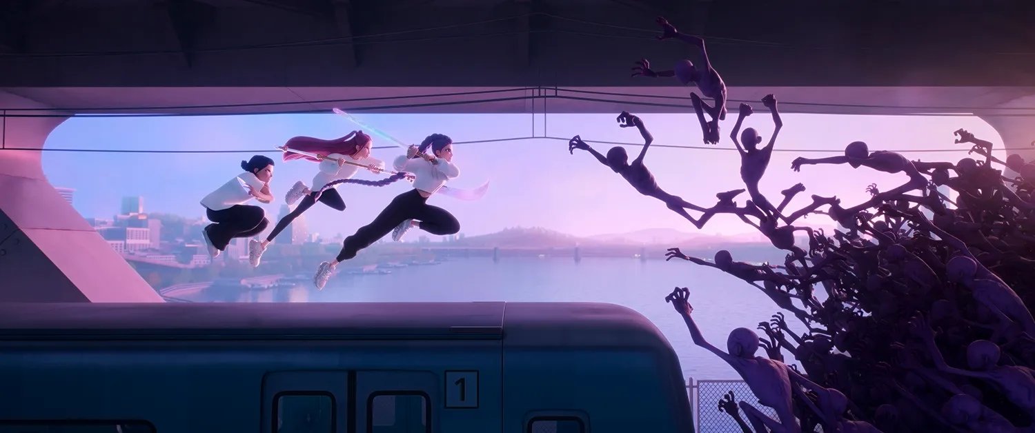 Three mocking women jumping forward carrying swords while a mass of demons jumps towards them.