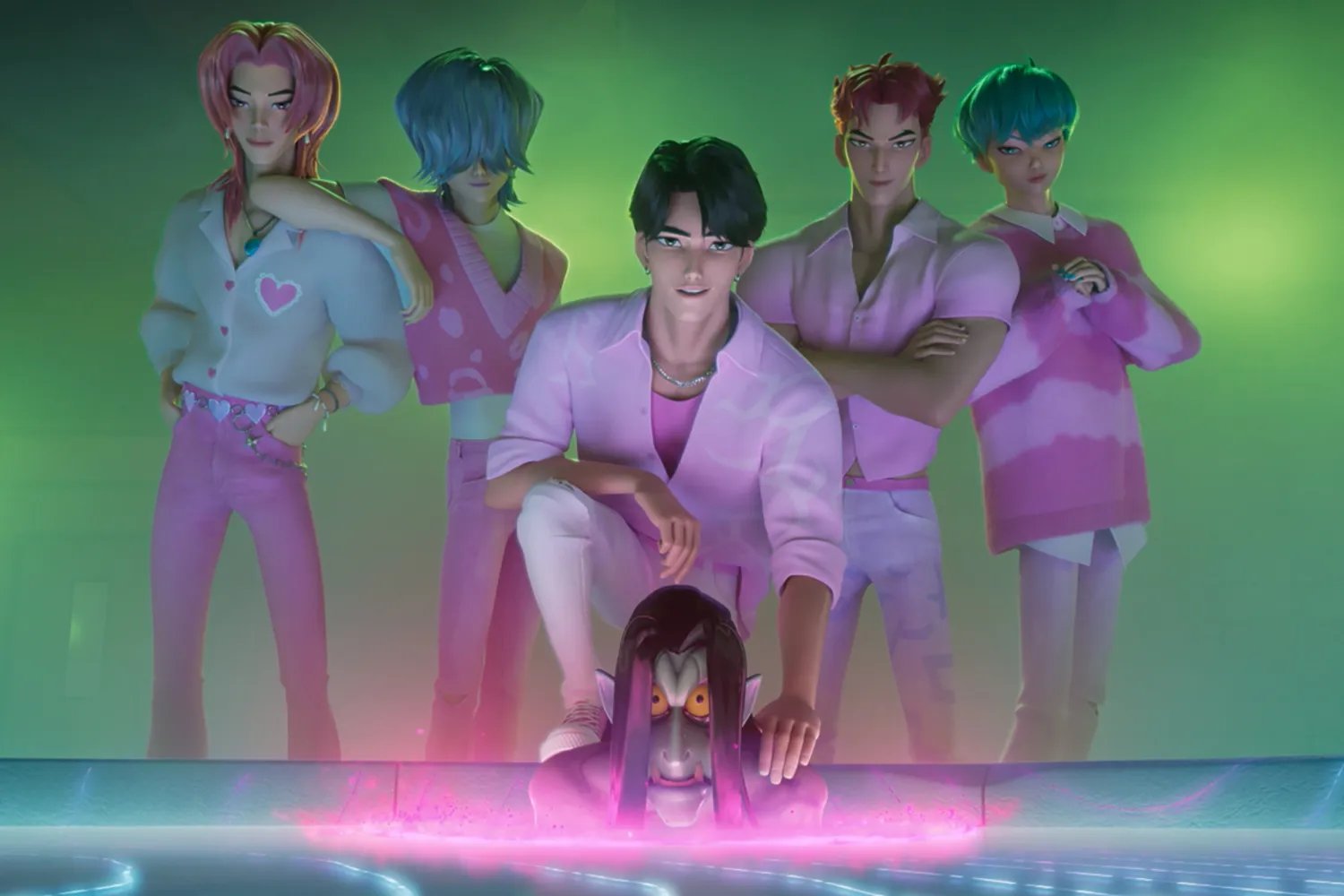 Five K-POP animation. The leader kneels on the head and shoulder of a demon that comes out of a swimming pool.