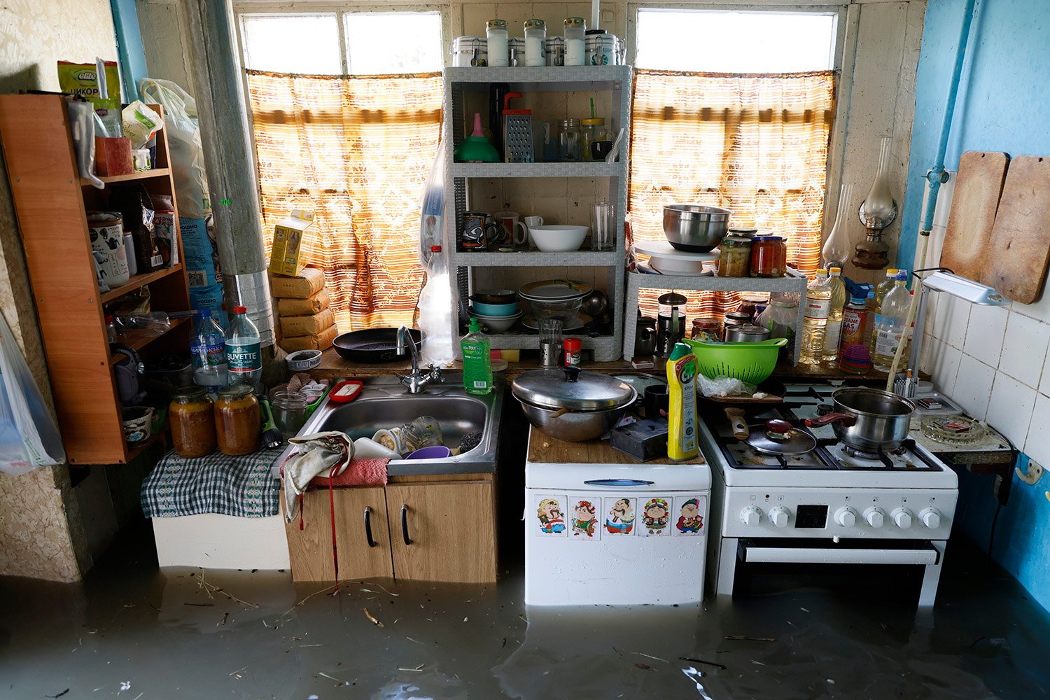 Kitchen was flooded with water.