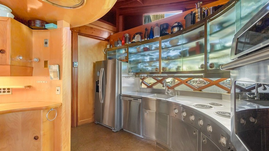 The unique kitchen is not characterized by any correct corners.