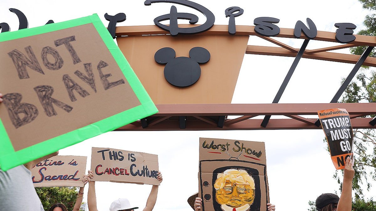 The demonstrators are outside Walt Disney Studios